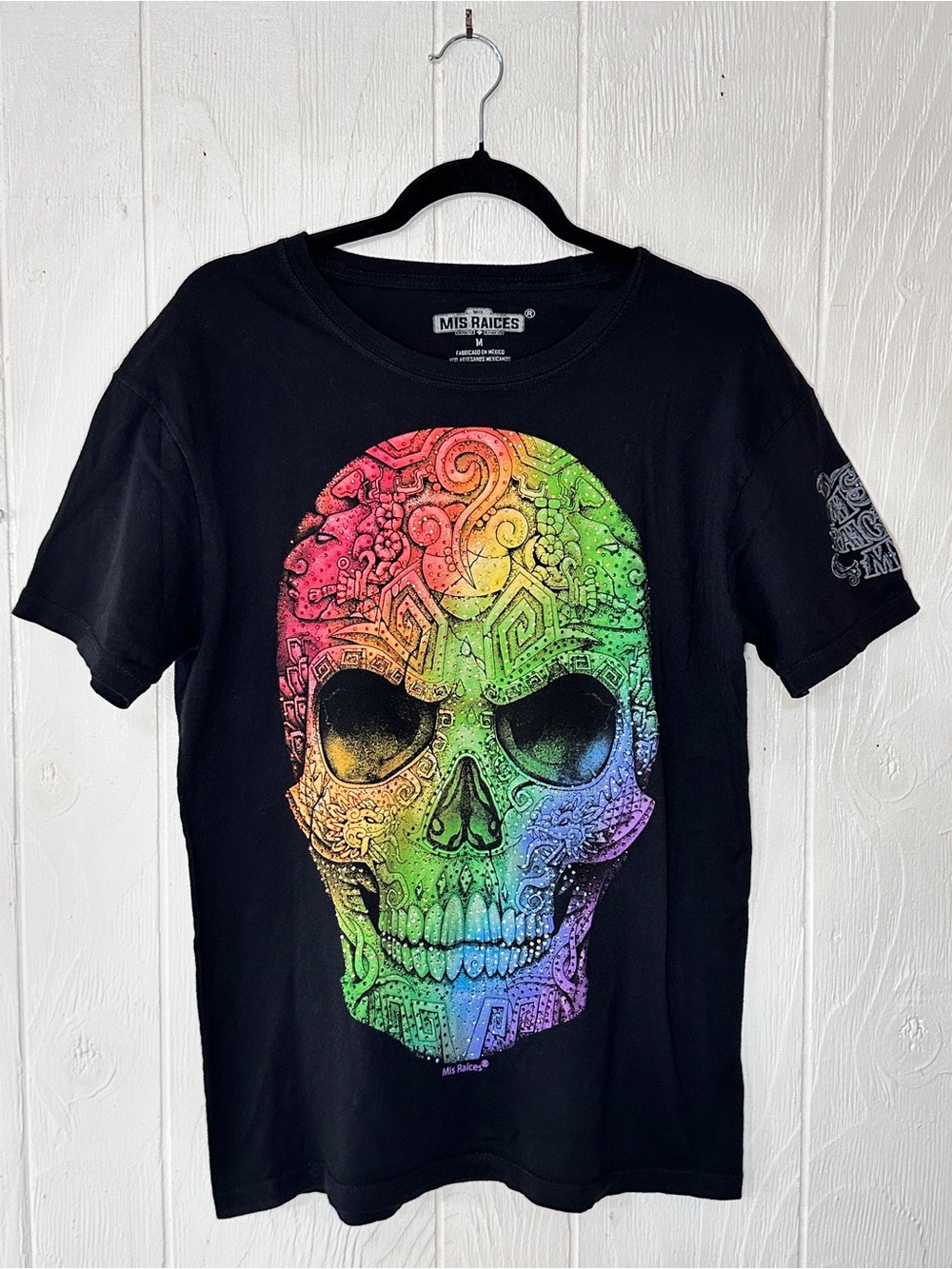 Black Short-Sleeve Tee with Rainbow Skull Graphic